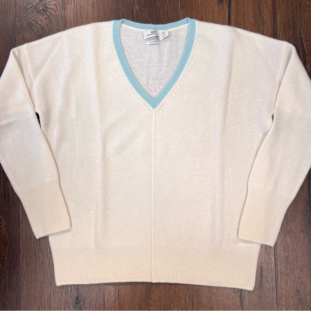 Vineyard Vines Seasoun Cashmere V Neck Crewm Sweater w/Light Blue Trim SZ SM